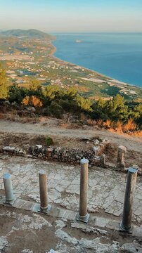 Ruins of the ancient Roman port city of Siedra in Alanya, Antalya, Turkey. The street and ruins of the ancient abandoned ancient city of Siedra on the Mediterranean coast. 4К