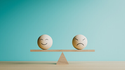 Happy and Angry Emoji Faces on Seesaw Balance Copy Space. 3d rendering