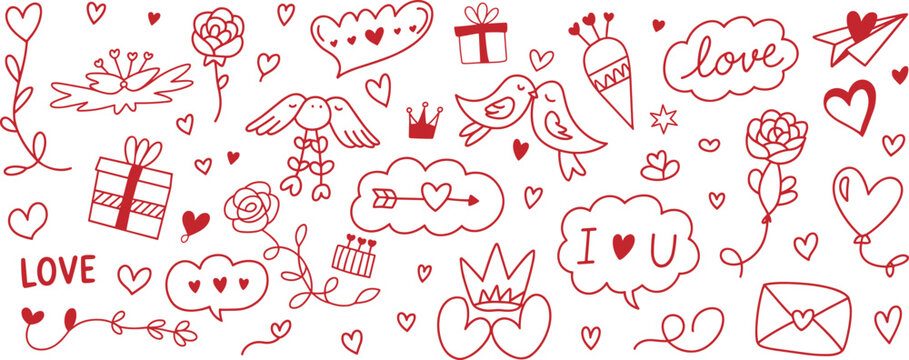 Red hand drawn doodle hearts roses gifts love birds and clouds valentine romance 1