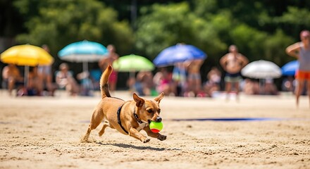 Playful brown dog running on sandy beach, joyfully chasing a colorful ball, with sunbathers and umbrellas in the background, capturing the essence of summer fun and recreation