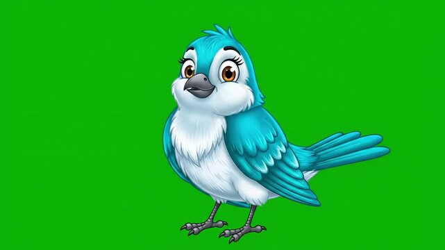 Cute cartoon blue bird with green screen background