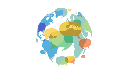 Illustration of a globe with colorful, overlapping speech bubbles on a white background, symbolizing geopolitics and security discussions.