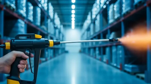 Warehouse Sanitization Disinfecting Shelves with Spray Gun for Safety.