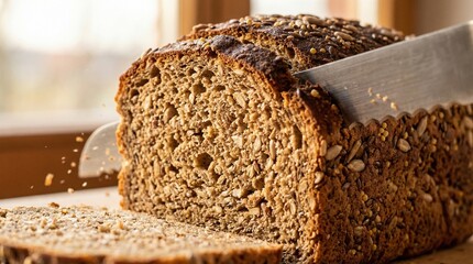 Freshly baked seeded multigrain bread being sliced with sharp serrated knife