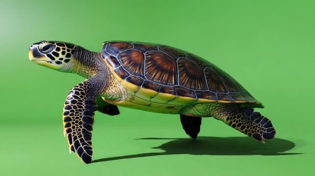 Sea turtle walking on green background with vibrant shell patterns