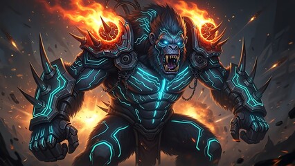 Futuristic cybernetic gorilla with fiery elements in dynamic action pose