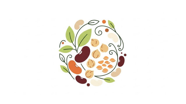 Assortment of healthy beans and legumes arranged in a circular pattern with leaves perfect for food branding and healthy eating concepts