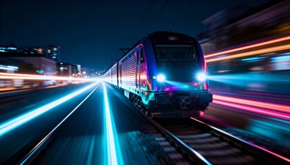 Naklejka premium Modern high-speed train moving at night with dynamic neon light trails and city reflections. Futuristic transport, innovation, speed, and urban mobility concept with vibrant color and energy.