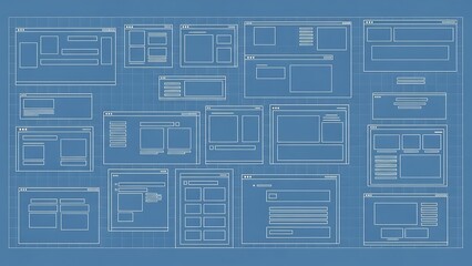 Blueprint style website wireframe layout on blue background