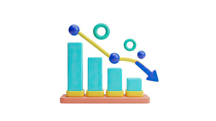 3D Bar Chart Showing Downward Trend with Arrow and Circles