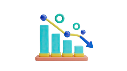 3D Bar Chart Showing Downward Trend with Arrow and Circles