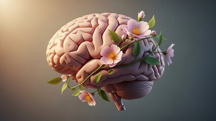 Human brain wrapped in delicate pink flowers on gradient background