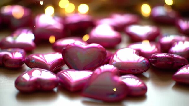 A close-up image of shiny pink heart-shaped objects scattered on a surface with blurry lights in the background
