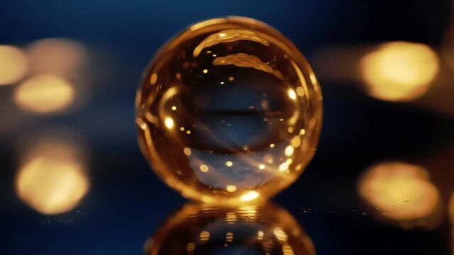 A close-up photo of a translucent amber-colored sphere, reflecting light and surroundings on a dark surface