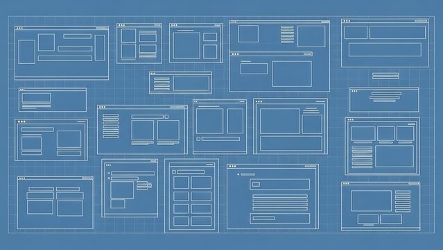 Blueprint style website wireframe layout on blue background