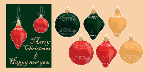 Set of festive Christmas ornaments and greeting card designs featuring holiday decorations, Christmas tree decorations, baubles, lights, stars, wreaths, and seasonal symbols for joyful holiday celebra
