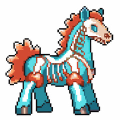 Pixel art horse with mechanical and skeletal elements, digital fantasy creature with blue and orange colors