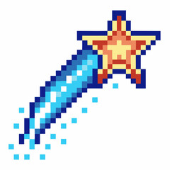 Obraz premium Pixelated shooting star with glowing trail design, retro gaming cosmic element illustration