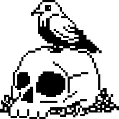 Fototapeta premium Pixel art black and white skull with bird perched, retro monochrome digital illustration of death and nature