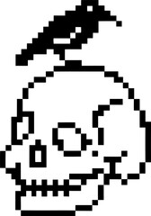 Fototapeta premium Pixel art black crow perched on a skull, digital retro design on white background