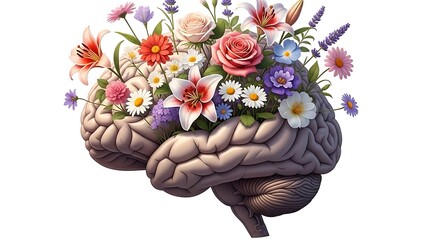 Creative illustration of brain with blooming flowers symbolizing imagination