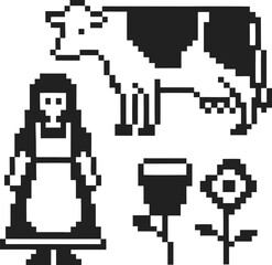 Obraz premium pixel art farm scene with a woman, cow, and two flowers in black and white retro