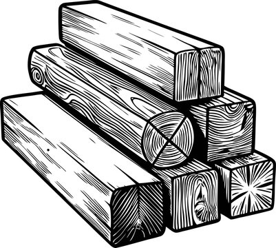 Stack of wooden beams and logs with natural grain texture, construction lumber and timber materials