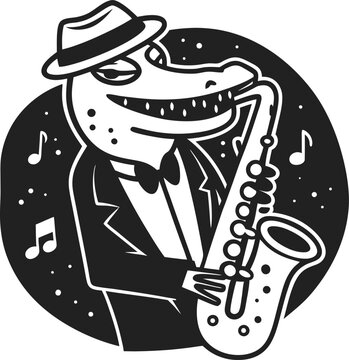 Alligator playing saxophone wearing hat and tuxedo with musical notes in black and white illustration