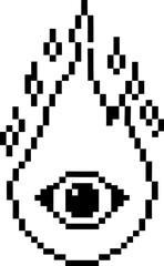 Fototapeta premium Pixel art flame with a central eye and small flames rising, monochrome digital illustration design