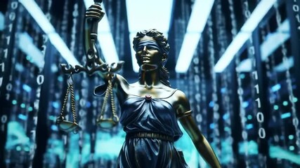 A futuristic depiction of a blindfolded woman in a blue dress holding scales, surrounded by digital code and neon-lit server room - Powered by Adobe