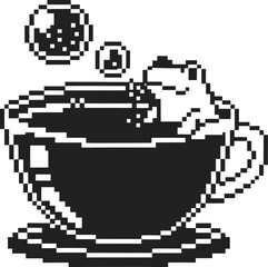 Obraz premium Pixel art frog relaxing in a coffee cup with bubbles, black and white retro digital illustration