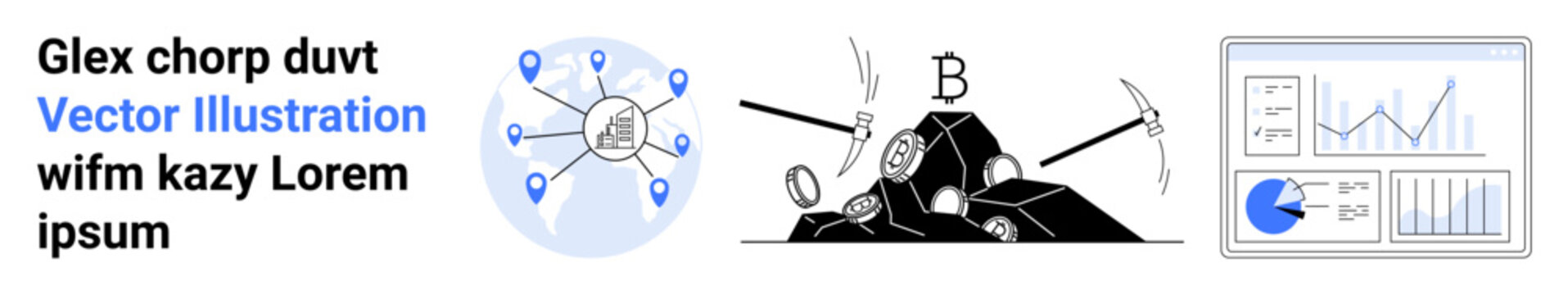 Blockchain network with connected nodes, cryptocurrency mining tools, and financial graphs depicting data analysis. Ideal for blockchain, data, cryptocurrency, mining, finance, technology simple