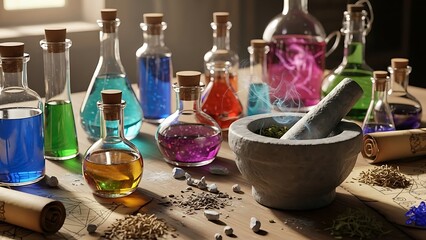 Colorful potion bottles and mortar on rustic wooden table