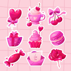 Coquette Valentine elements set. Gift box, cup, heart, sweets, rose, romantic message, macaroon, cherry. Cartoon vector illustration for stickers, greeting cards.