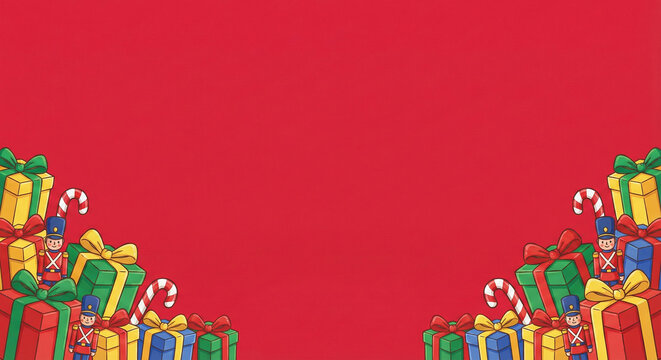 Festive wide horizontal background with colorful Christmas gifts and nutcracker dolls on a vibrant red surface with copy space for text