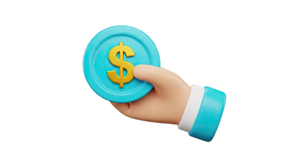 3D Render of Hand Holding a Blue Coin with a Golden Dollar Sign