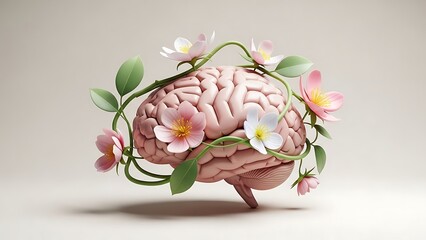 Human brain entwined with blooming flowers on neutral background
