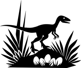 Fototapeta premium Velociraptor dinosaur guarding nest with eggs in prehistoric jungle silhouette illustration