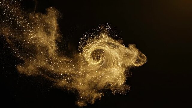 A seamless looping background of shimmering gold dust particles gracefully flowing and dissolving across a deep black void in high contrast motion dust, tech, deep