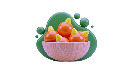 3D Rendering of Candy Corn in a Wooden Bowl with Green Abstract Shapes