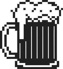Fototapeta premium Pixel art beer mug with frothy foam, black and white digital illustration of a cold drink in a glass