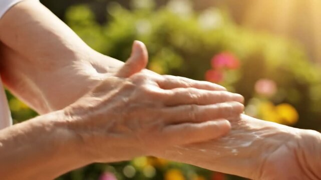 Close up view of elderly person rubbing sunscreen lotion on arm outdoors near garden of colorful flowers in bright sunlight
