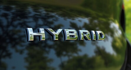 Hybrid car logo on vehicle.