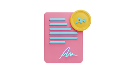 3D Render of a Pink Document with A+ Grade and Signature