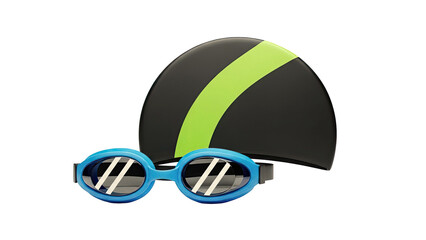 Blue Swimming Goggles and Black Swim Cap with Green Stripe