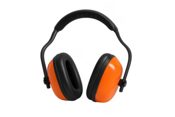 Orange safety earmuffs providing hearing protection for workers