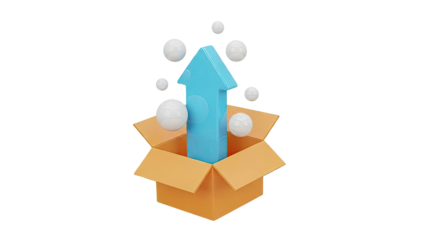 Blue Arrow Emerging from Open Cardboard Box with Bubbles