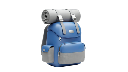 Blue Backpack with Rolled Sleeping Bag
