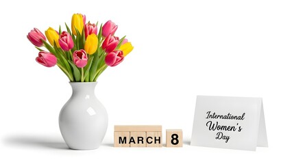 A vibrant bouquet of tulips with a march 8th women s day card