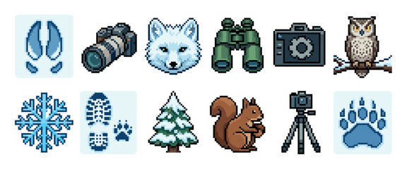 Pixel art icon set for winter wildlife photography featuring an arctic fox, owl, squirrel, camera, binoculars, and animal tracks in a retro 8-bit video game style